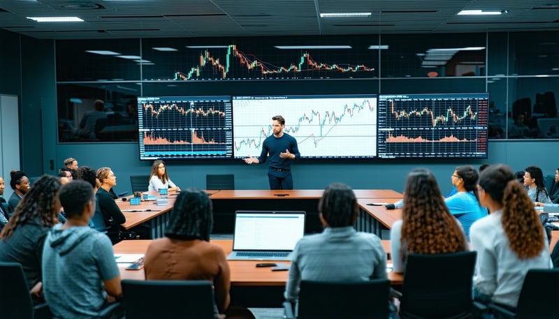 Stock market education session in progress, with diverse participants and an instructor explaining technical charts. Stock market education session in progress, with diverse participants and an instructor explaining technical charts.