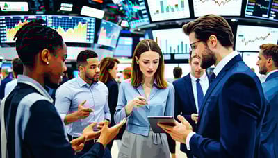 Illustration of diverse individuals learning about stock markets Illustration of diverse individuals learning about stock markets
